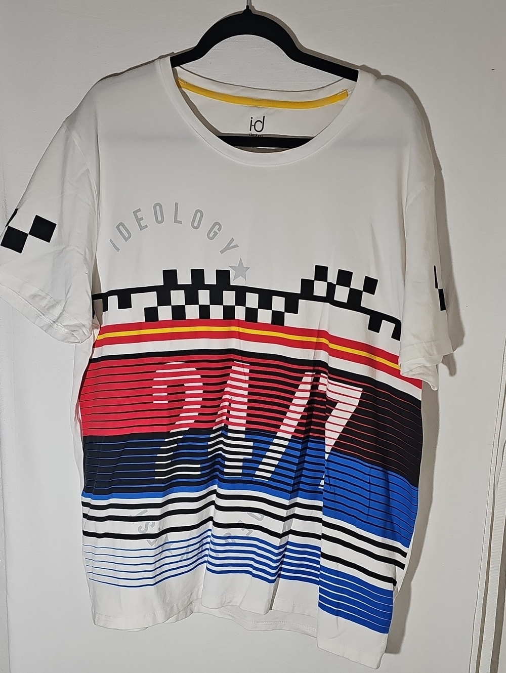 Ideology White Short-Sleeve Graphic Racing Stripe Tee with Red & Blue